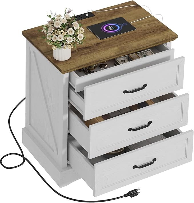 NightStand Set of 2 with Charging Station, Farmhouse 23.6" W Bedside Table with 4 Drawers, Night Stand for Bedroom, Home Office, White & Brown