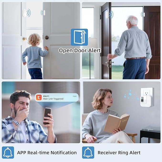 Door Chime,Sanjie WiFi Door Sensor Open Chime When Entering for Business/Home/Store/Office Alert Your Phone,Alarms for Kids Safety,500 FT Range,20 Ringtones ,4 Sensors 1 Receiver