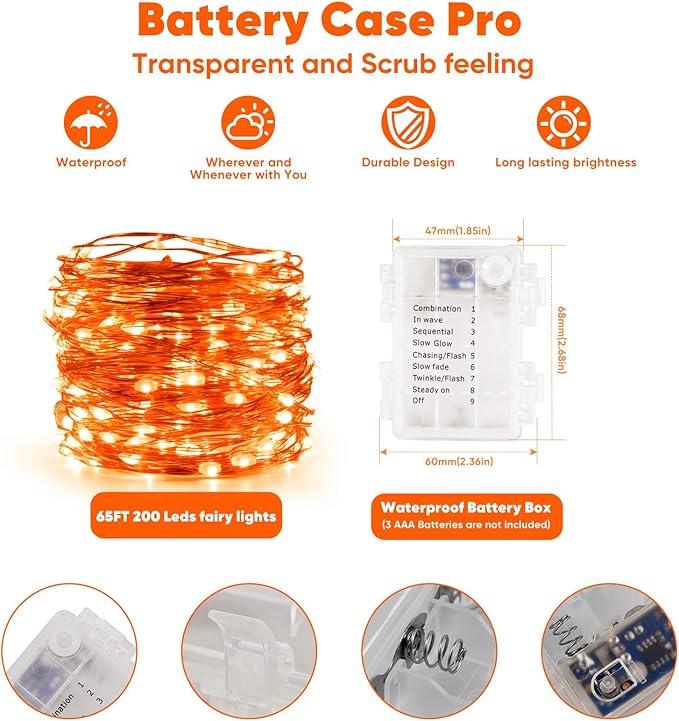 1 Pack 65.6 Ft. Battery Operated Outdoor String Lights with Remote & Timer, LED Orange Fairy Lights, Waterproof Twinkle Lights for Bedroom, Dorm, Mason Jar, Wedding, Party, Christmas