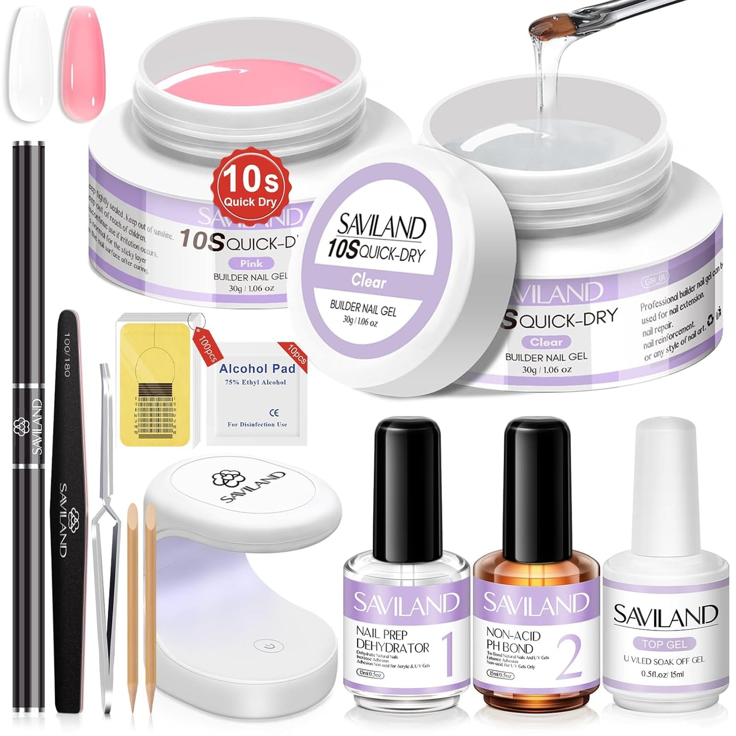 SAVILAND Quick-dry Builder Nail Gel Kit - Clear Pink Builder Hard Gel with Mini UV Light, Top Gels, Dehydrator, Non-acid PH Bond Primer and Nail Extension Application Tools for beginners