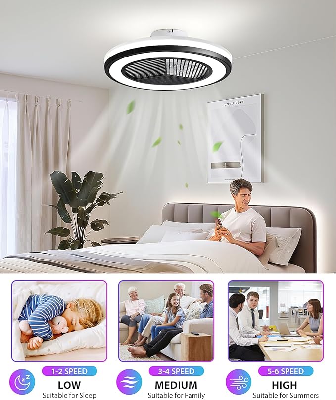 2-in-1 Low Profile Ceiling Fan with Light, 20” Caged Safety Design for Kids - RGB Color, Smart APP/Remote Control, Quiet Flush Mount DC Motor, Triangle, Ideal for Bedroom/Living Room/Kitchen, Black