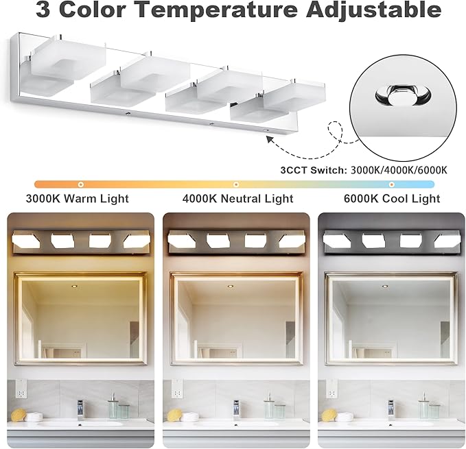 3 Colors Dimmable Vanity Lights for Bathroom, LED Chrome 4 Light Vanity Light, Acrylic Stainless Steel Bathroom Light Fixtures Over Mirror, Adjustable 3000K/4000K/6000K, 360° Rotate