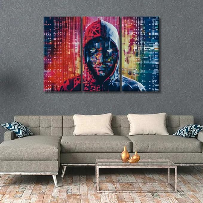 LSIUHWUWI Wall Art for Living Room 3 Panel Hacker in Mask on Dark Background with Digital Effects Pictures Posters Wall Decor for Home Office, Wooden Framed Ready to Hang, 20x40inchx3