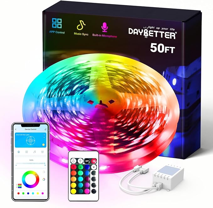 DAYBETTER Smart RGB Led Strip Lights, 50ft Led Lights for Bedroom with App Control, Multicolor Changing Led Light Strips Apply for Home Decor, Living Room, Kitchen, Home Party Decoration, 12V