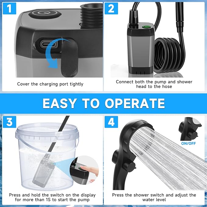 Portable Shower for Camping, Rechargeable Camping Shower Pump with LED Display of Battery Level and Temperature, Lasting-150 Mins, Suitable for Outdoor Shower, Pet Bath, Car Washing