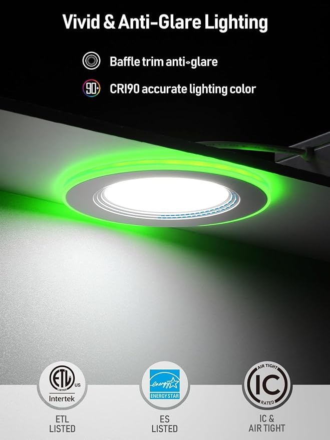 TORCHSTAR 8-Pack 4 Inch Smart LED Recessed Ceiling Light with 2W RGBCW Back Night Light, 2700K-6500K, Dimmable CCT Color Changing Slim Recessed Lighting, Baffle Trim, Hub Included, ETL & ES