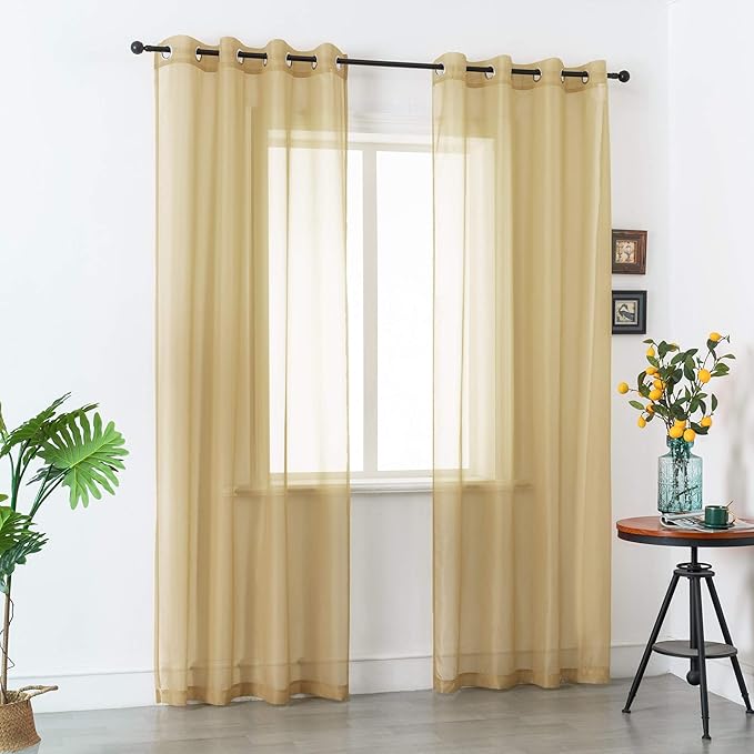 DUALIFE Tan Beige Sheer Curtain 108 Inch Length Light Brown Semi Voile Sheer Curtains Window Drapes for Living Room and Bedroom Window Treatments 2 Panels 52x108 Inches Long 9 FT Natural Taupe
