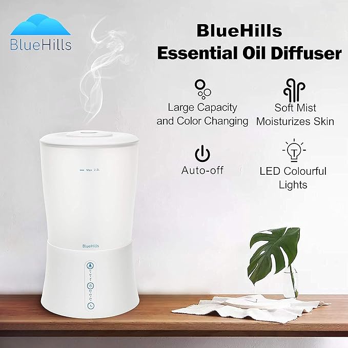 BlueHills Premium 2000 Ml Set of 2 Large Essential Oils Diffusers for Large Rooms Big Capacity Models Adjustable Cool Mist Great Gift – Value Pack of 2 Wood Grain and White