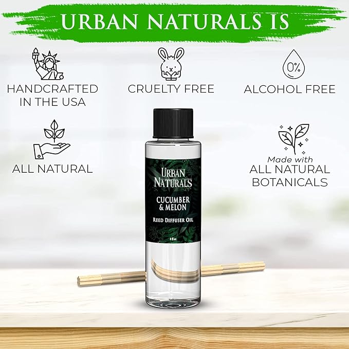 Urban Naturals Reed Diffuser Oil Refill Cucumber Melon, Crisp Cucumber, Juicy Melon, Refreshing Summer Scent, 4 oz + Free Reed Sticks, Made in the USA