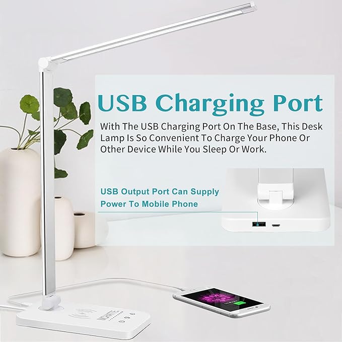 LED Desk Lamp with Wireless Charger & USB Charging Port，Dimmable Table Lamp Reading Lamp for Home Office，5 Color Modes,5 Brightness,Touch Lamp for Study、Office、Bedroom，30/60 Minutes Timer