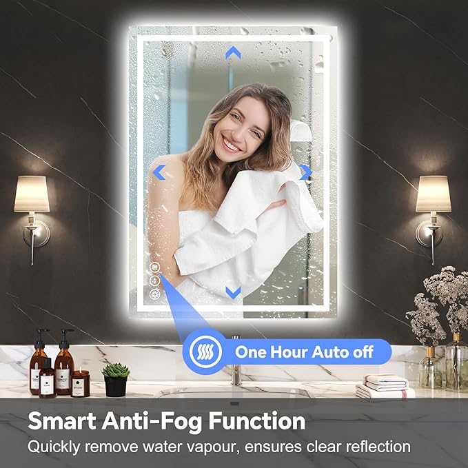 LED Bathroom Mirror 24x36 Inch Anti-Fog Bathroom Mirror with Lights, Wall Mounted Lighted Vanity Mirrors, Dimmable, Backlit + Front Lit, Smart Bathroom Vanity Mirror with 3 Colors Temperature