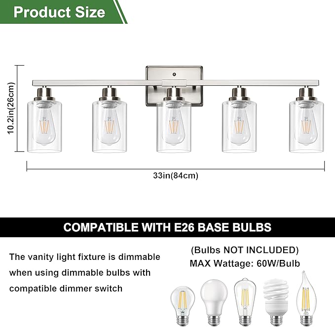 Ascher Bathroom Light Fixtures, 5-Light Vanity Lights with Clear Glass Shade, Modern Brushed Nickel Wall Light for Mirror Bedroom Hallway Cabinet Porch