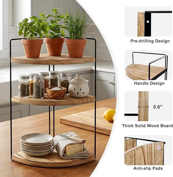 Corner Bathroom Counter Organizer Countertop Brown, 3-Tier Corner Shelf Wood Vanity Tray Easy Assembly Space Saving Shelf for Kitchen, Bathroom, Dresser, Makeup, Office