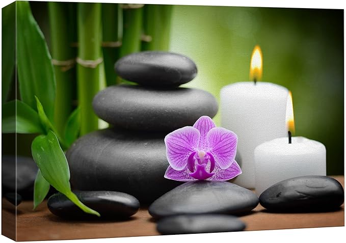 wall26 Canvas Print Wall Art Purple Orchid with Candles, Massage Stones & Bamboo Floral Nature Photography Realism Zen Scenic Relax/Calm Multicolor for Living Room, Bedroom, Bathroom, Office - 16"x24"