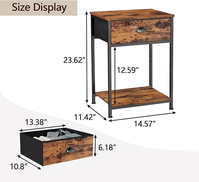 Furologee End Table with Storage Shelf and Fabric Drawer, 2 Tiers Industrial Nightstand, Bedside Table Organizer for Living Room Bedroom, Rustic Brown, Easy Assembly