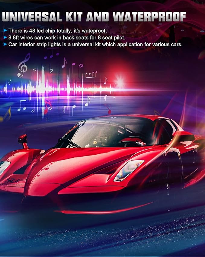 SUNPIE Car LED Lights Interior RGB LED Strip Smart Lighting w/Multi-Color App Control Waterproof Atmosphere Car Light w/8.8ft Length and DC 12V Car Charger Sync to Music