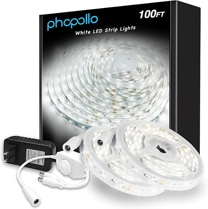 phopollo White LED Strip Lights, 100ft (2 Rolls of 50ft) Dimmable 6500k Daylight White Led Light Strip, 1800 LEDs Flexible Led Lights for Bedroom, Mirror, Kitchen Decoration