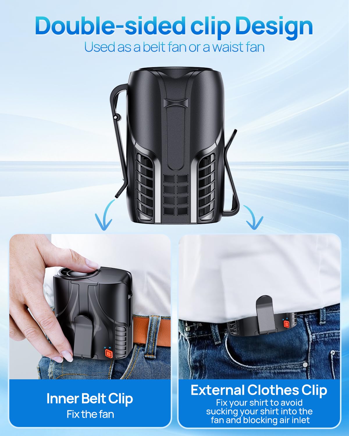 2025 Portable Personal Waist Fan& Neck Fan, 14000RPM Brushless Motor, 40H Runtime Rechargeable, 6-Speed Quiet Operation, Clip-On Personal Body Cooling for Camping/Worksites/Outdoor