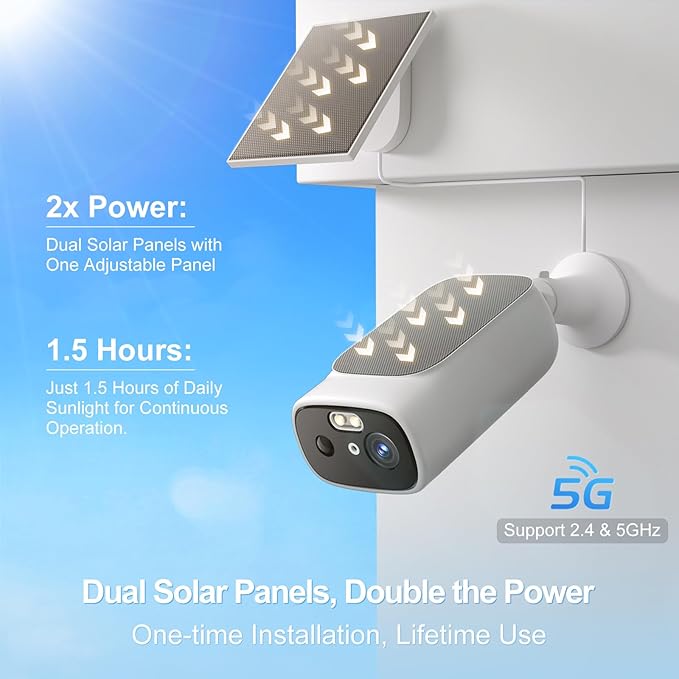 2K Solar Camera Outdoor Wireless-5/2.4Ghz WiFi Cameras for Home Security, AI Motion Detection, Color Night Vision, SD Card/Cloud Storage, Waterproof, Compatible with Alexa/Google Home (1 Camera)