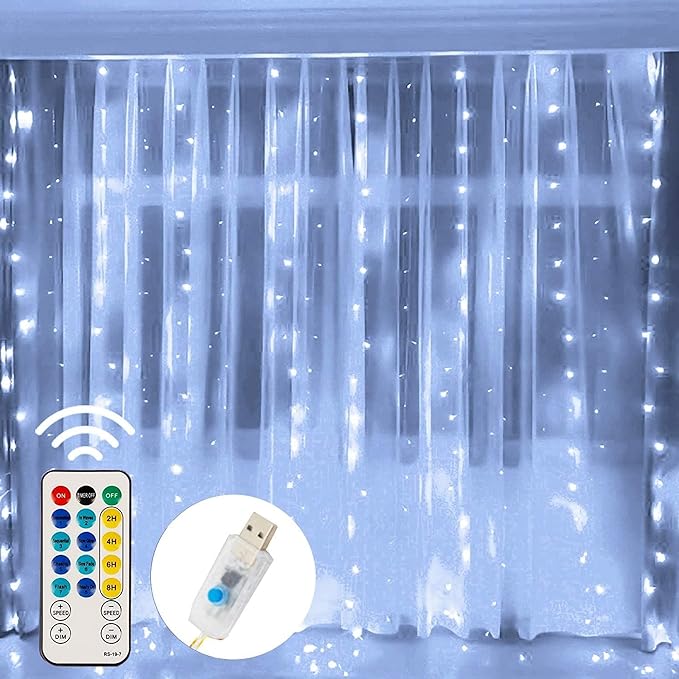 FUNPENY Window Curtain String Lights, 300 LED 8 Lighting Modes Fairy Lights USB Powered, Waterproof Lights for Christmas Bedroom Party Wedding Home Garden Wall Decorations (White)