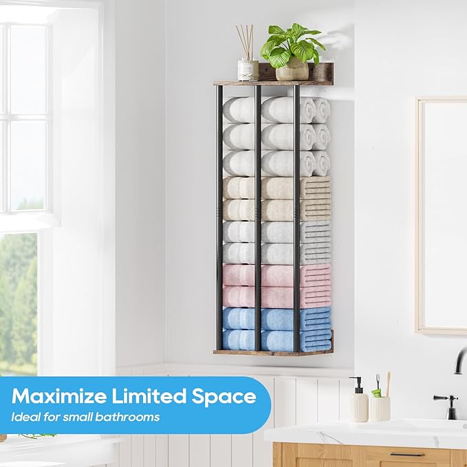 Towel Racks for Bathroom Wall Mounted with Wooden Storage Shelf, Updated 3 Bar Metal Towel Holder for Rolled Towels, Sturdy and Large Capacity, Towel Storage Organizer-Rustic