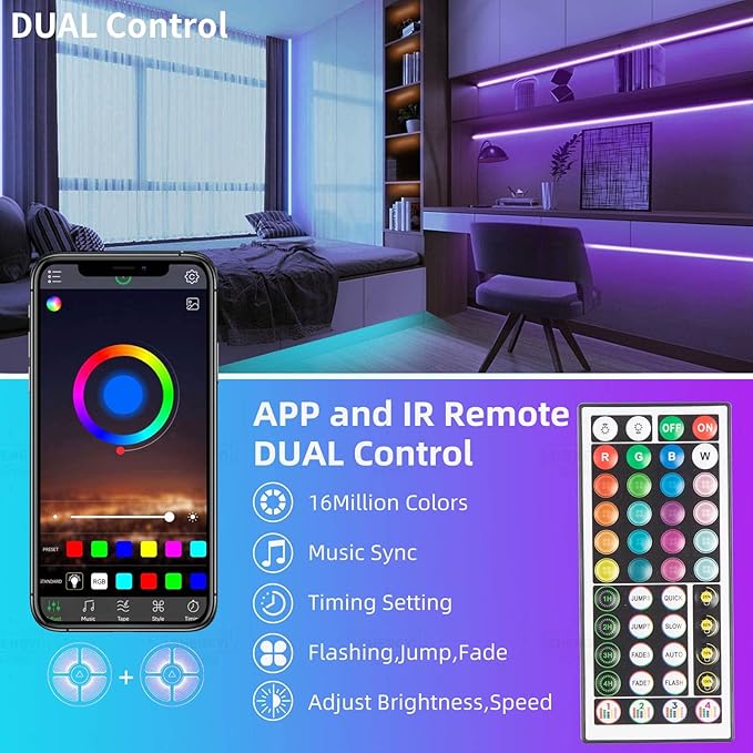 KSIPZE 100ft Led Strip Lights RGB Music Sync Color Changing Bluetooth Led Lights with Smart App Control Remote Led Lights for Bedroom Room Lighting Flexible Home Décor