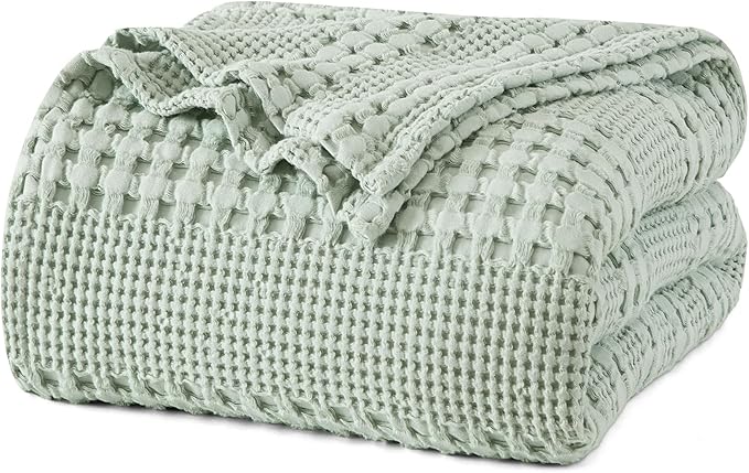 PHF 100% Cotton Waffle Weave Blanket King Size for Bed, Soft Lightweight & Breathable, All-Season Comfort, Luxury Aesthetic Woven Bedding for Home Decor, 108"x90", Mint Green