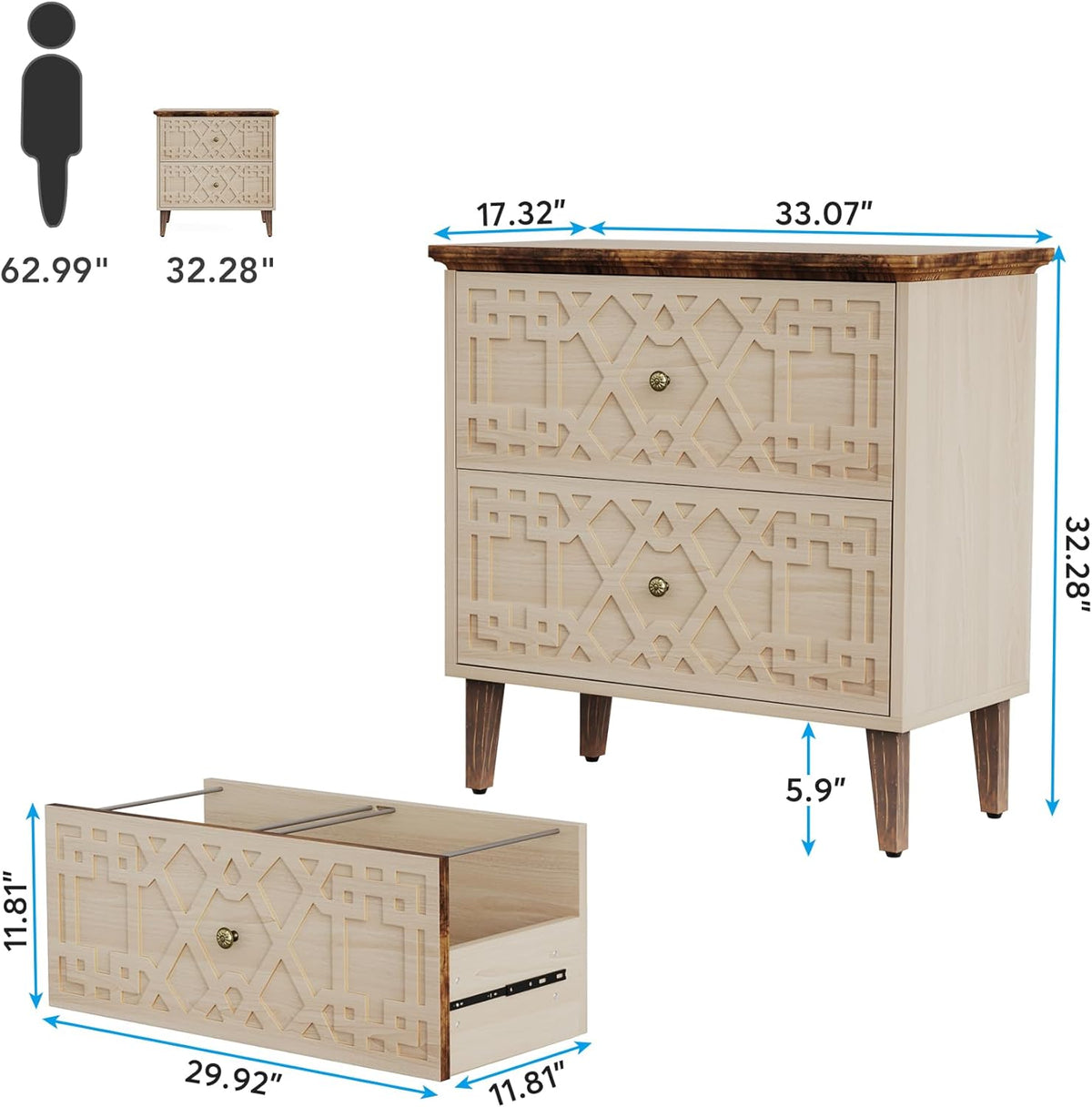 LITTLE TREE 2-Drawer File Cabinet, Wood Lateral Filing Cabinet for Home Office, Beige