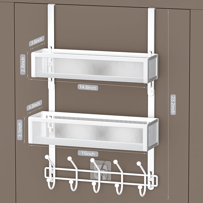 Adjustable Over The Door Hooks Organizer, Door Hanger Coat Rack with 2 Mesh Baskets and 10 Hooks, Back of Door Storage Organizer for Bedroom,Bathroom,Kitchen (White)