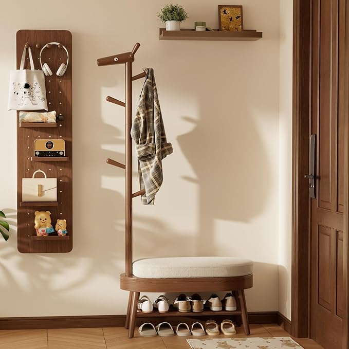 AQIMUELE Shoe Bench Entryway,Coat Rack with Shoe Storage, Coat Rack and Shoe Rack, Wooden Narrow Shoe Bench（Walnut）