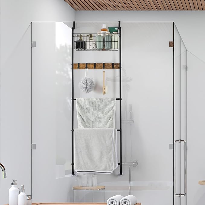 Over The Door Towel Rack Behind Door Towel Holder for Bathroom 5 Tier Over The Door Towel Bar with Basket Towel Rack Door Hanger with Hooks for Clothes Toiletries (Brown and Black)