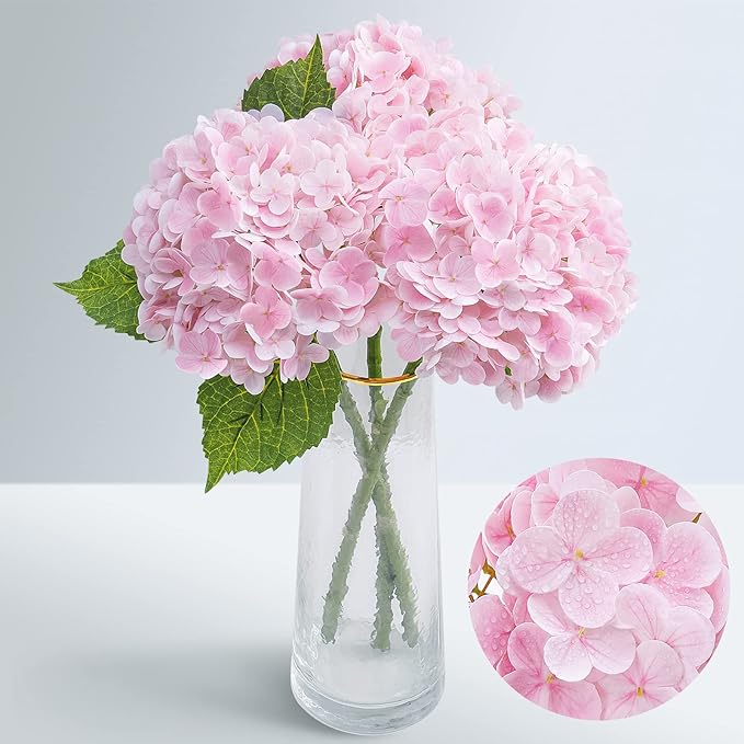 Waipfaru 21" Real Touch Hydrangea Artificial Flowers with Long Stem & Leaves, Full Latex Faux Hydrangea Flowers for Home Decor Party Floral Arrangements Wedding Bouquets Centerpieces(Pink, 3Pcs)