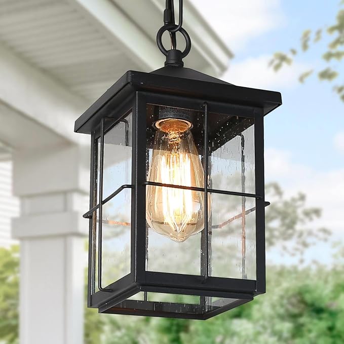 classy leaves Outdoor Pendant Light Fixture, Farmhouse Black Anti-Rust Ceiling Outdoor Light with Seeded Glass, Exterior Square Hanging Lantern for Front Door, Entry, Porch, and Gazebo