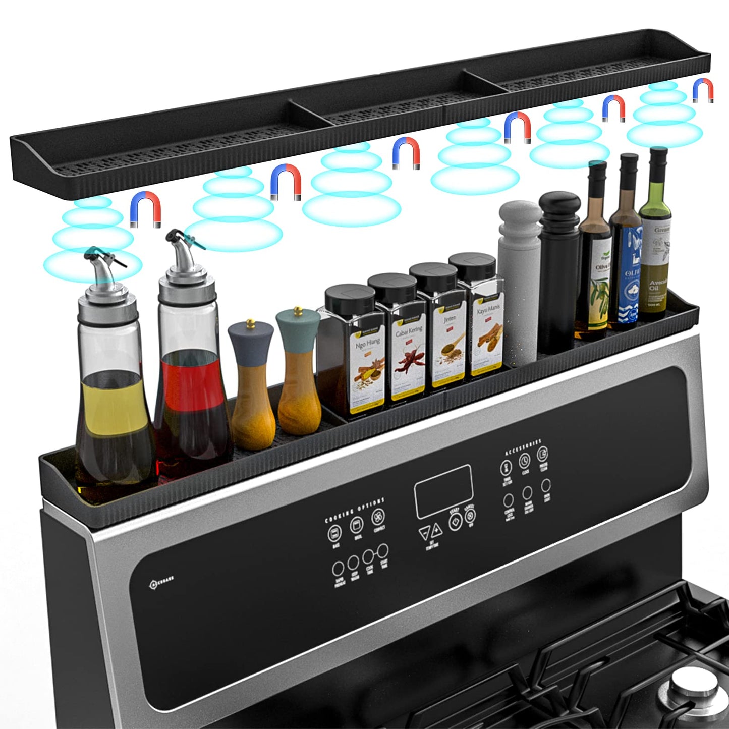 30 Inch Silicone Stove Top Shelf Magnetic for Kitchen Gadgets, Soft Flexible Strong Magnetic Heat Resistant Spice Rack Kitchen Organizer for Over Stove