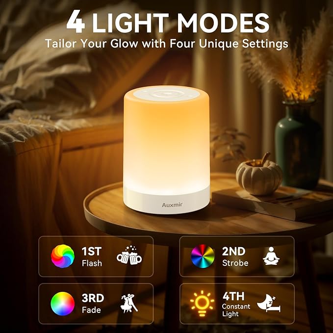Auxmir Night Light for Kids Baby, Dimmable Touch Lamp for Nursery, 11 RGB Colors 5 Brightness, Portable Rechargeable Bedside Table Lamp for Nightstand, Kids Night Light for Bedroom Living Room, White