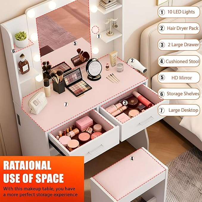 Vanity Desk with Mirror & Light, Makeup Vanity Table with Power Strip, Hair Dryer Holder & 2 Drawers & 3 Open Shelves, 3 Lighting Modes Adjustable Brightness, Dressing Table Set, White