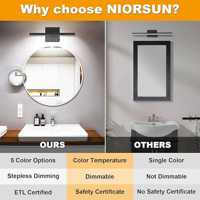 NIORSUN 15.7 inch Black Bathroom Vanity Light,12W 5CCT Dimmable LED Bathroom Lighting Fixtures Over Mirror, Modern Vanity Lights for Bathrooms Restroom Mirror- ETL Certified