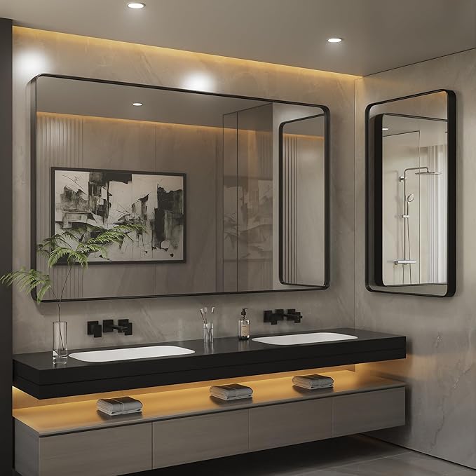 ISKM Silver Framed Mirror for Wal Bathroom Mirror for Wall 48" x 30" Matte Framed Vanity Mirror Anti-Rust, Tempered Glass, Rounded Rectangle Mirror(Horizontal/Vertical)
