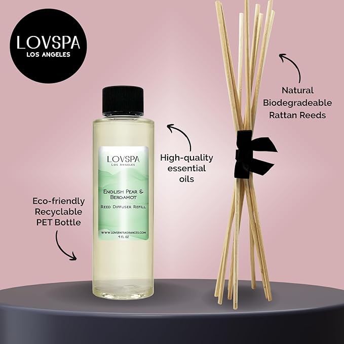 LOVSPA English Pear & Bergamot Diffuser Oil - Luxury Essential Oils for Diffuser Refill & Air Freshener Room Spray - Long-Lasting & Natural Home Fragrance, Scented Oil for Diffusers, USA Made, 4oz