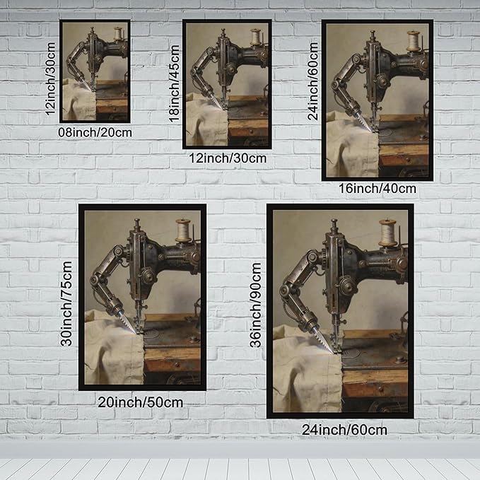 Framed Steampunk Mechanical Sewing Machine Wall Art - Retro Industrial Workshop Poster for Home Office Studio Decor 20x30in