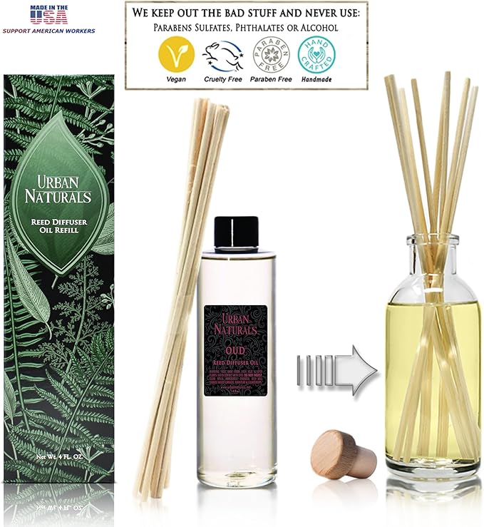 Urban Naturals Reed Diffuser Oil Refill, Oud Diffuser Oil with Raspberry, Warm Amber, Bergamot, 4 oz + Free Reed Sticks, Made in the USA