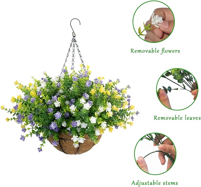 Artificial Hanging Flowers Basket, 12 UV-Resistant Bundles of Realistic Fake Flowers, Faux Plants for Outdoor Decor, Home, Garden, Porch, Patio, Spring & Summer Decorations, Yellow Purple White