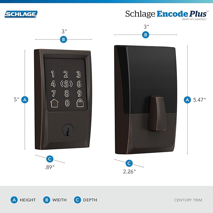 Schlage Encode Plus Smart Wi-Fi Lock for Front Door, Keyless Entry Deadbolt, Unlock with Apple Watch, Built-in WiFi and App Control, Easy Install, Alexa & Apple HomeKit Compatible, Aged Bronze