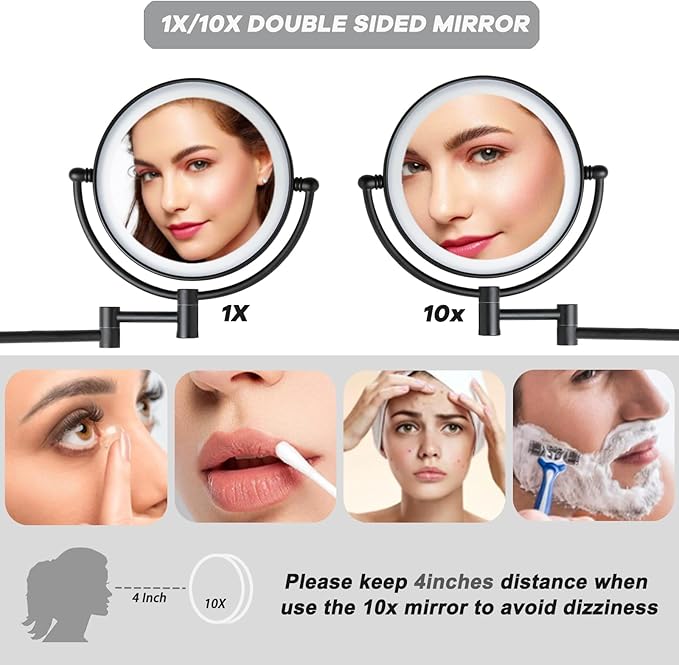 Wall Mounted Makeup Mirror with 3 Color Lights Stepless Dimming, 8" 1X/10X Magnifying LED Two Sided Touch Sensor Extendable Arm 360 Swivel Shaving Light Up Mirror Hardwired for Bathroom, Matte Black