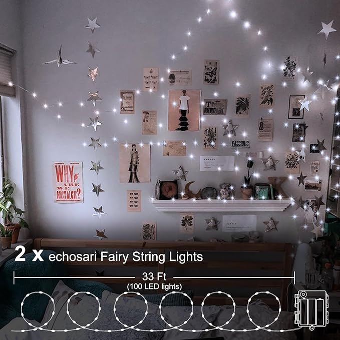 echosari 2 Pack Fairy Lights Battery Operated 100 LED 33Ft Silver Wire Christmas Lights Auto Timer 8 Modes Waterproof Mini String Lights for Indoor, Garden, Yard, Fence, Wedding Decor (Cool White)