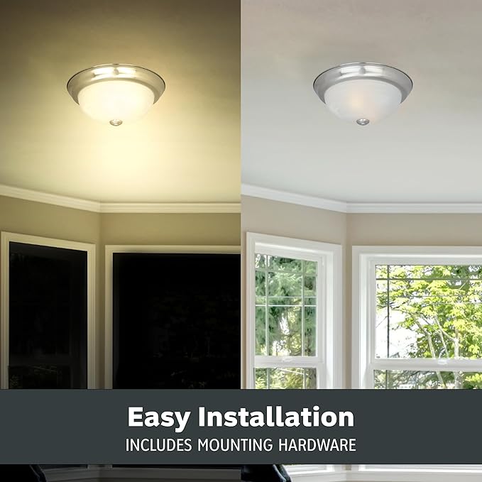 DESIGNERS FOUNTAIN Reedley 2-Lights Flush Mount Ceiling Light, 11 Inch Lighting Fixture for Kitchen, Bedroom, Bathroom, and Hallway, White Alabaster Glass, Satin Platinum, 1257S-SP-AL