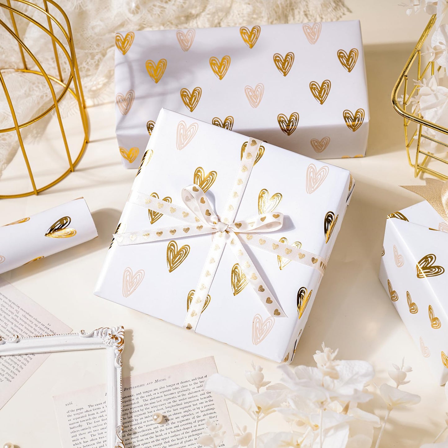 WRAPAHOLIC 30 Inch Jumbo Heart Wrapping Paper Roll - 30 Inch x 16.5 Feet - Gold Foil Heart Design for Valentines Day, Wedding, Bridal Shower, Birthday, Baby Shower