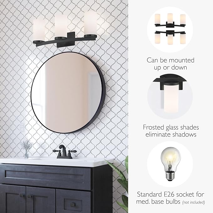 Design House Desta Vanity Light, 3-Light, Curved Bar Design, Frosted Glass Glow, Dimmable, Up/Down Mountable, E26 Socket, Black, 22.4 in L x 6.9 in W x 9.5 in H, 589150-BLK
