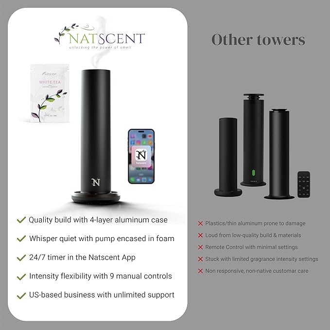 Dynamo Hotel Scent Diffuser – Cold-Air Essential Oil Diffuser for Home & Large Rooms up to 1000 sq ft, App & Manual Control, Hypoallergenic, Includes White Tea Fragrance Sample – Black