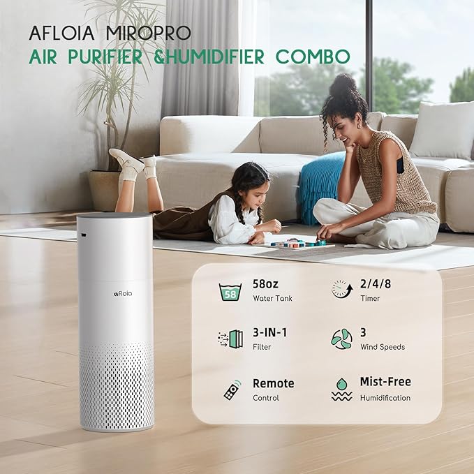 Afloia Humidifier and Air Purifier in One, Air Purifier and Humidifier Combo for Home, 22dB| 7 Colors Light Air Purifiers 2 in 1, Quiet Air Cleaner Removing 99.99% Smokers Odor and Pollen for Bedroom